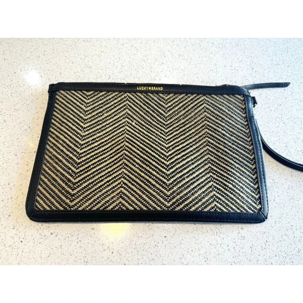 Lucky Brand Clutch Chevron Black Brown Leather Trim Bag Purse Boho Wristlet